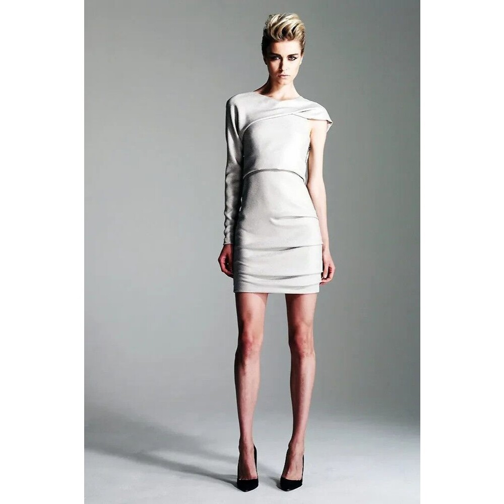 Yigal Azrouël Silver One Shoulder Asymmetrical Mini Dress Long Sleeve Designer 8